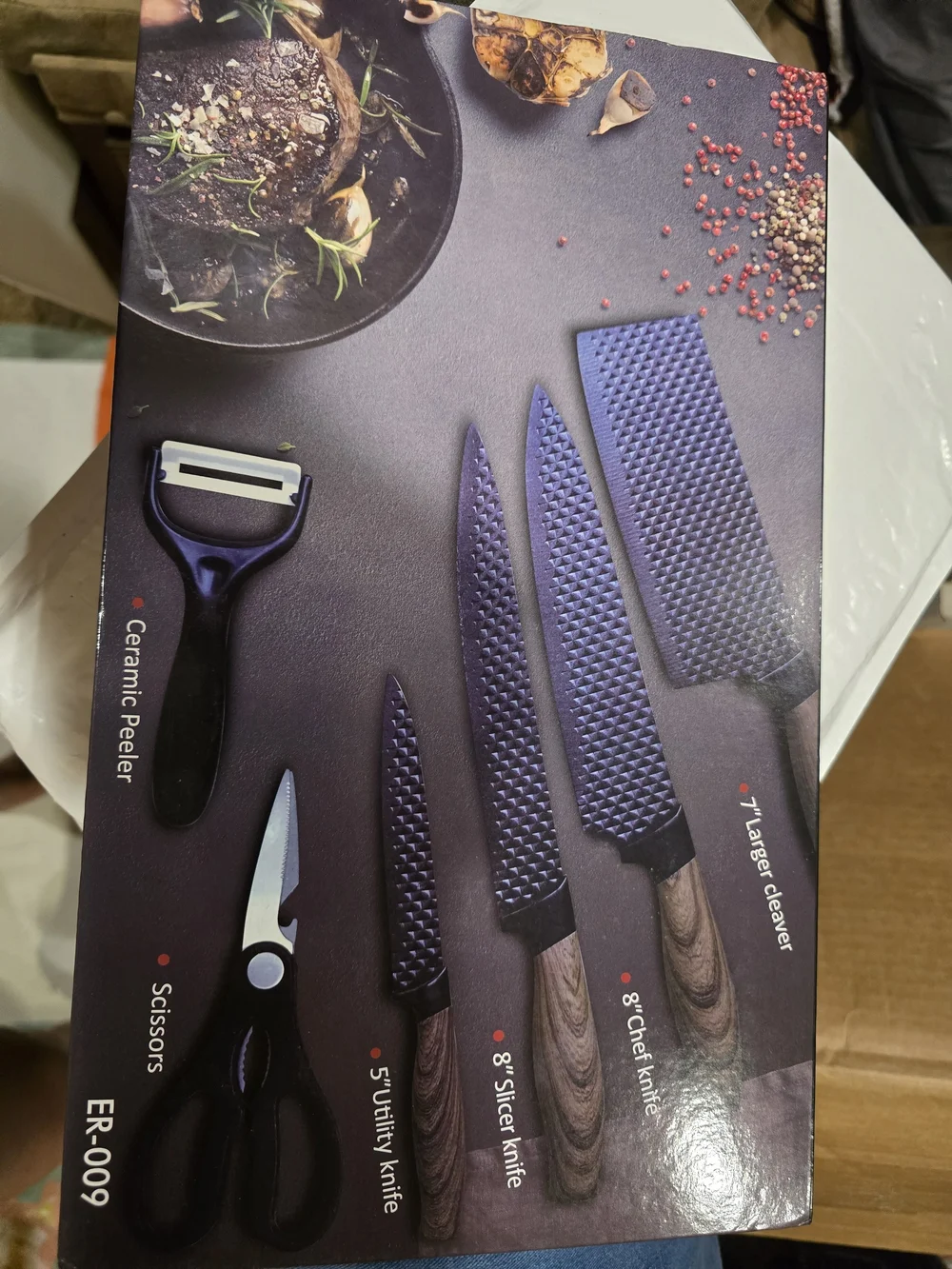 6-Piece Kitchen Knife Set with Peeler and Shears - Black Blades, Brown Handles